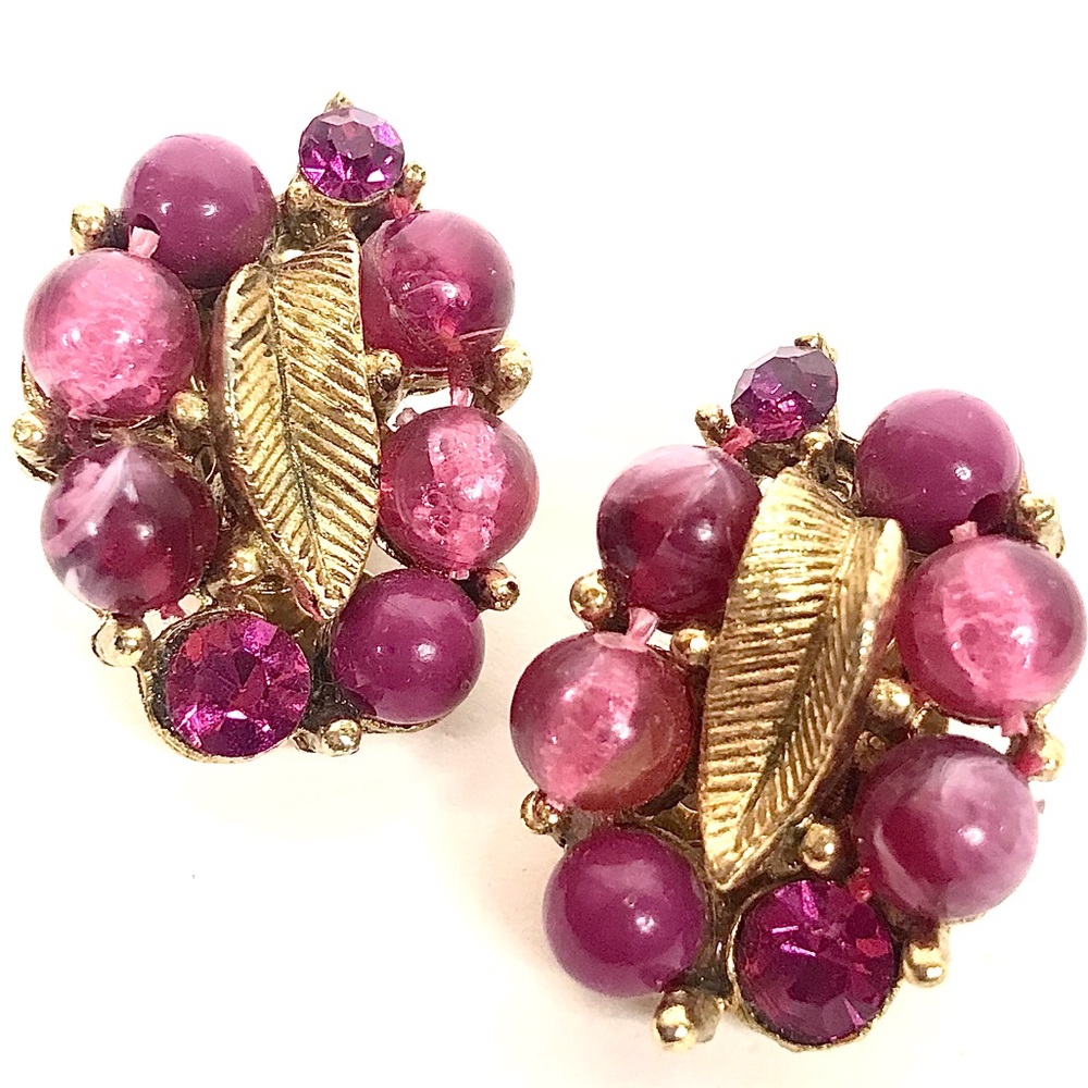 Vintage Earrings Raspberry Pink Rhinestone Beaded - Picture 2 of 5